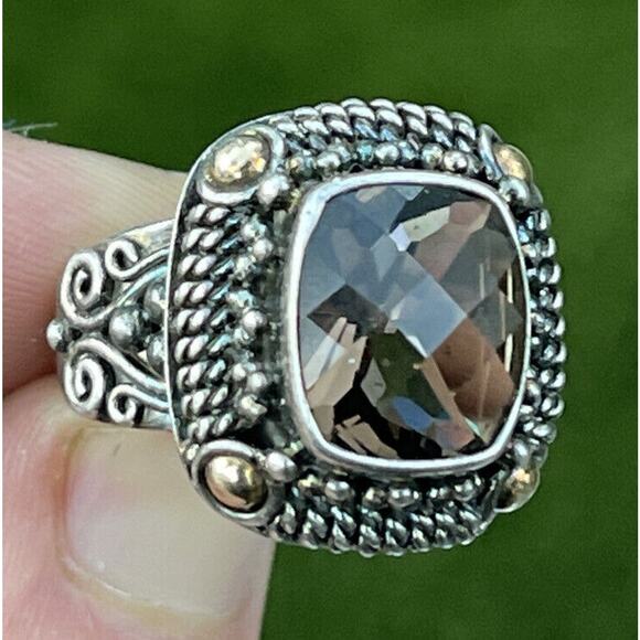 Vintage 18k Yellow Gold Sterling Silver Ring 925 Size 9 Smokey Quartz Bali BA - Picture 12 of 12
